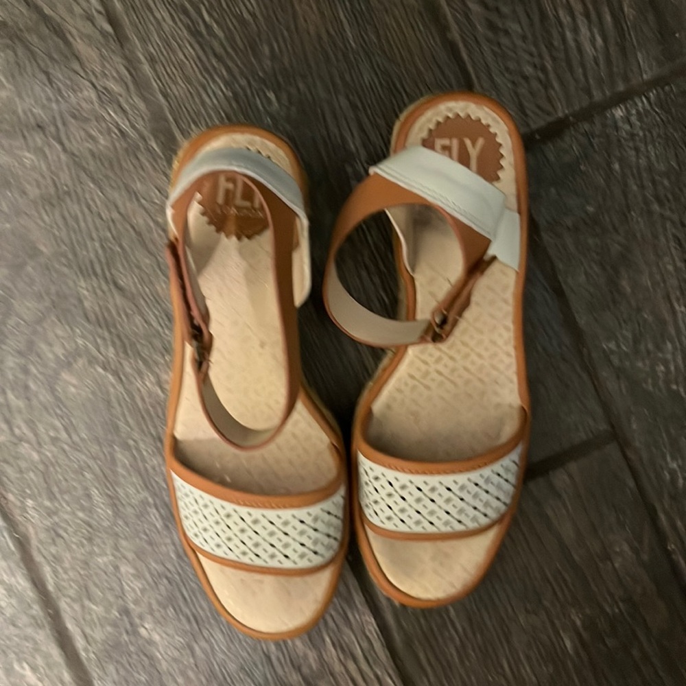 Fly London Brown and White Wedge Sandals